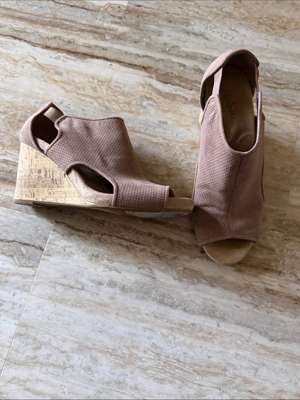 Life Stride Taupe Peep-Toe Cork Wedge Slingbacks